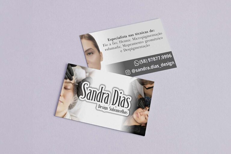Cartões de Sandra Dias com foto e contatos para design de sobrancelhas