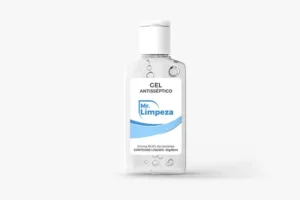 Frasco com tampa branca e rótulo azul e branco Mr. Limpeza