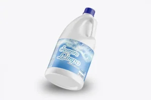 Garrafa branca com tampa azul e rótulo Sempre Limpo