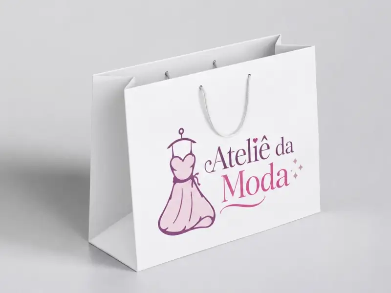 Sacola de papel branca com logo colorida para boutique de moda