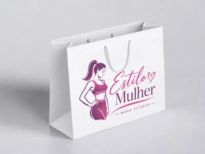 Sacola de papel branca com logo colorida para loja de roupas femininas