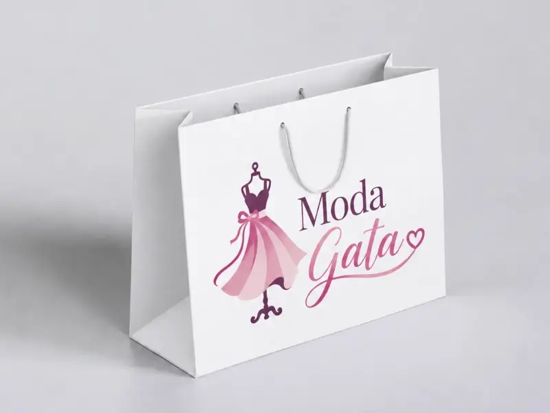Sacola de papel branca com logo colorida para loja de moda feminina